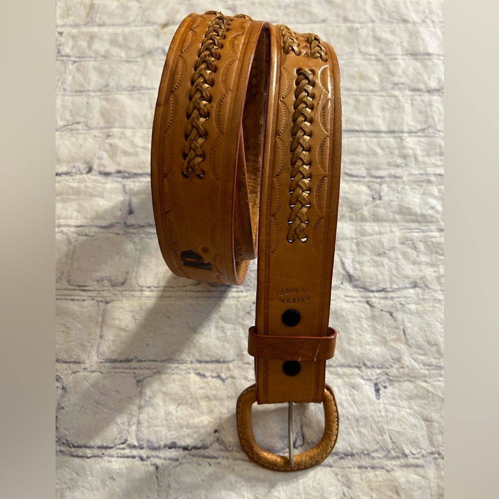 MÉXICO MADE CARMEL LEATHER BRAIDED TOOLED DESIGN COVERED BUCKLE WESTERN BELT 40